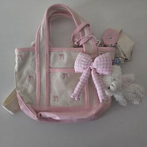 Madden Girl Pink Bow Canvas Tote with Plush Bear & Charm